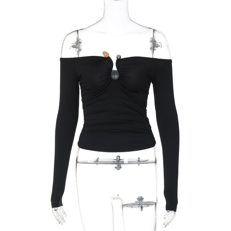 Off shoulder long sleeve ruched solid top