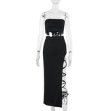 Irregular slit self tie solid tube midi skirt set