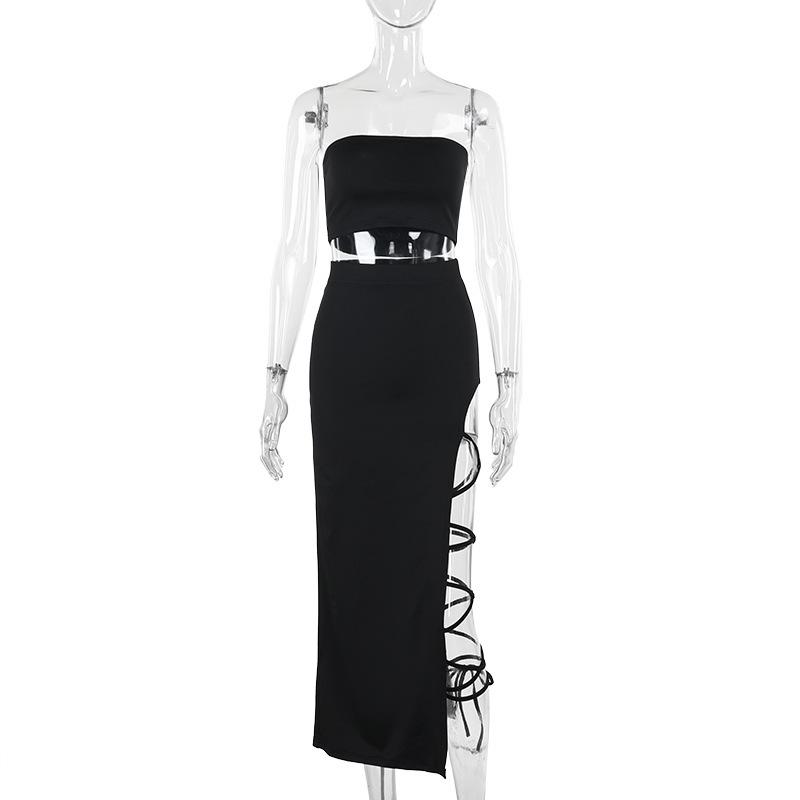 Irregular slit self tie solid tube midi skirt set