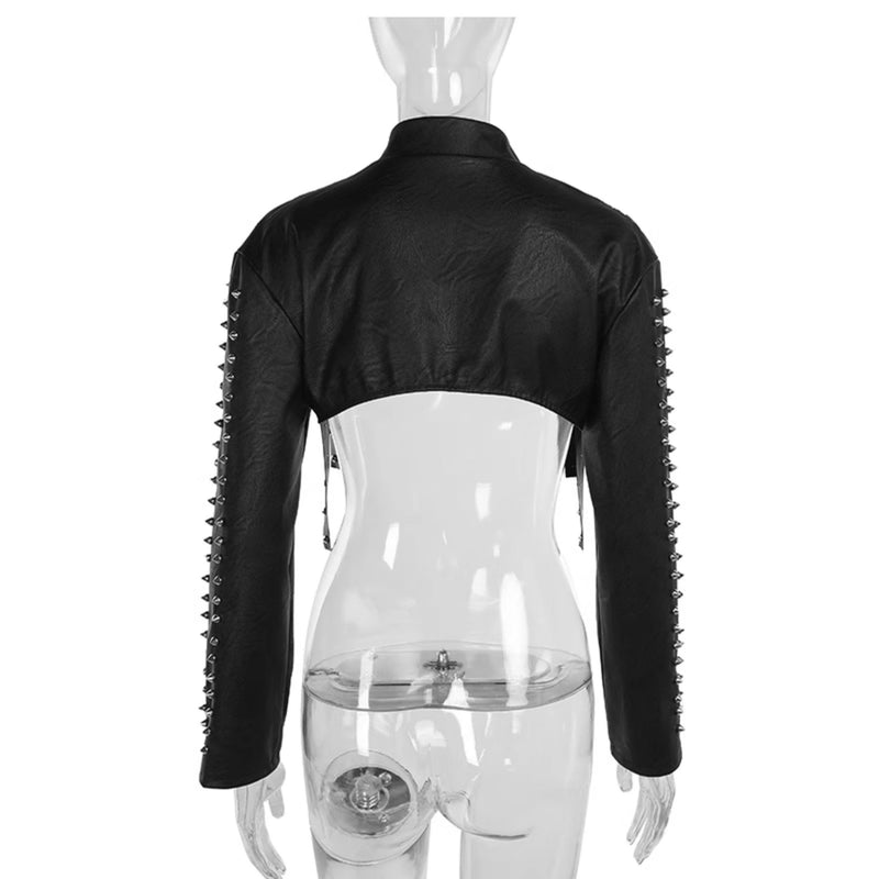 Zip-up long sleeve PU leather rivet applique hollow out top