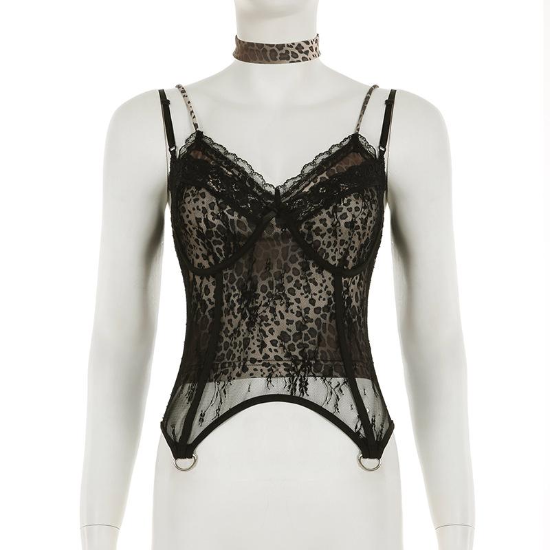 Haut camisole dos nu à imprimé léopard et col en V avec ourlet en dentelle 