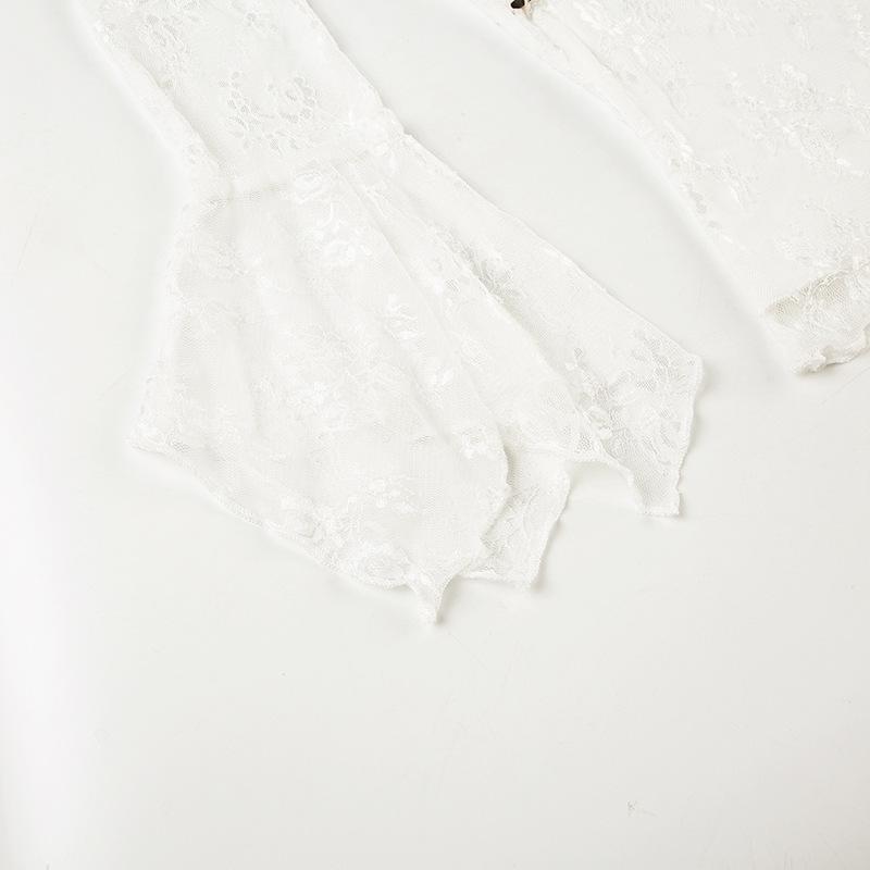 Long sleeve v neck flower lace hem ruffle top