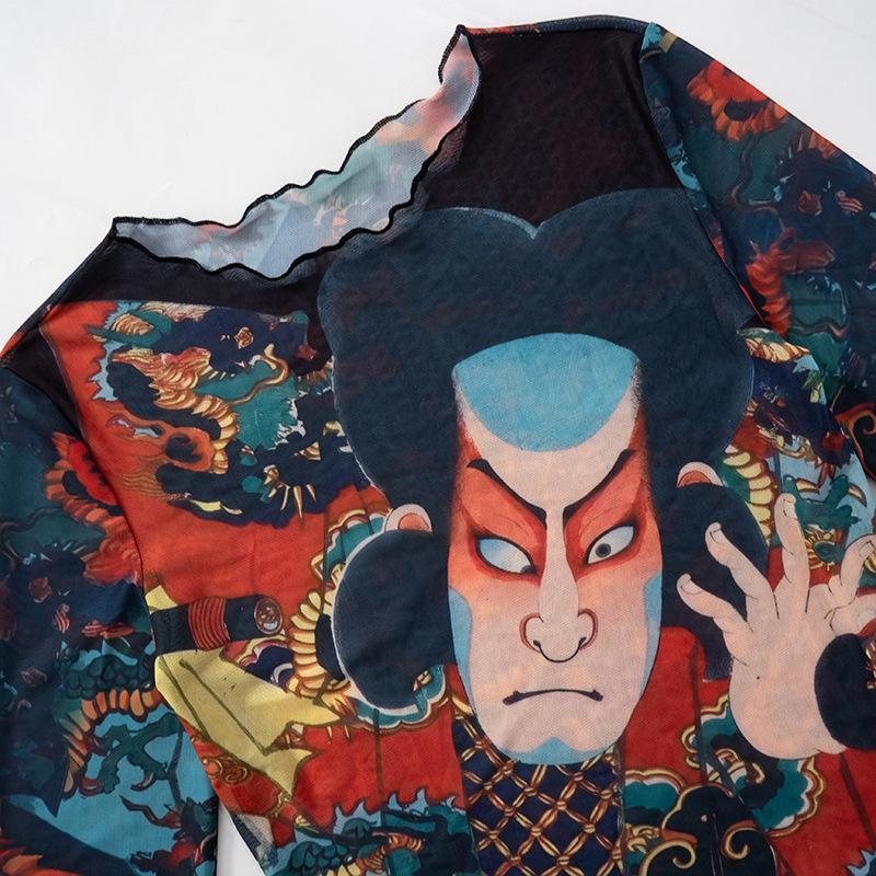 Top de cuello redondo de malla transparente con volantes y estampado de manga larga 