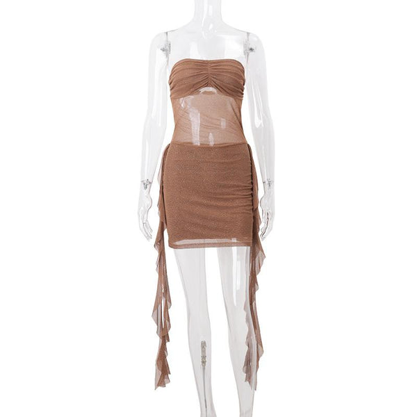 Ruched mesh beaded ruffle tube mini dress