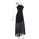 Mesh u neck beaded backless cami maxi dress