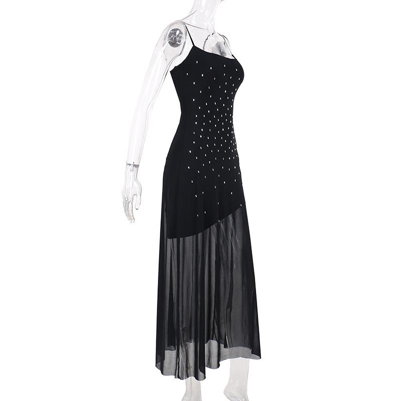 Mesh u neck beaded backless cami maxi dress