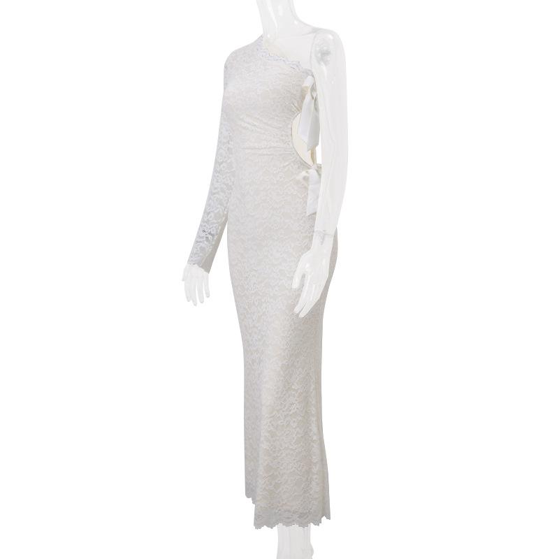 Vestido largo con lazo y dobladillo de encaje de manga larga calada 