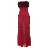 Robe longue tube dos nu en maille patchwork duveteuse 