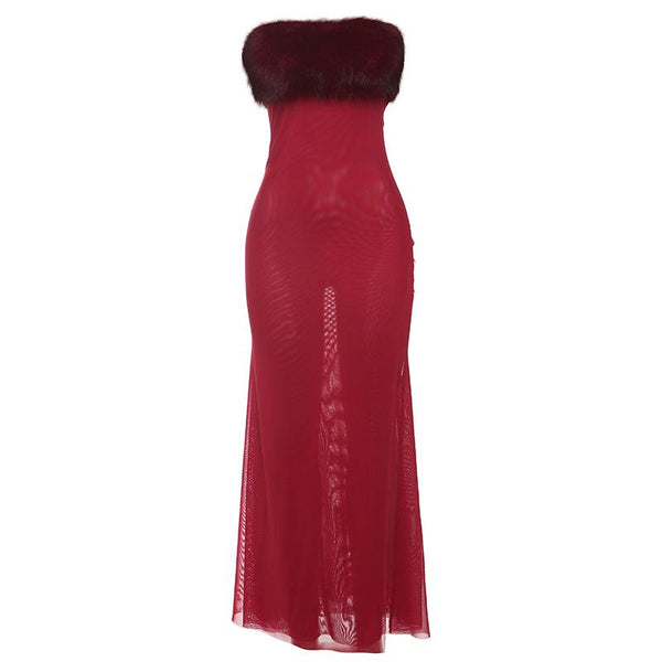 Robe longue tube dos nu en maille patchwork duveteuse 