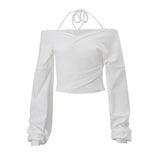 Halter self tie v neck long sleeve off shoulder top