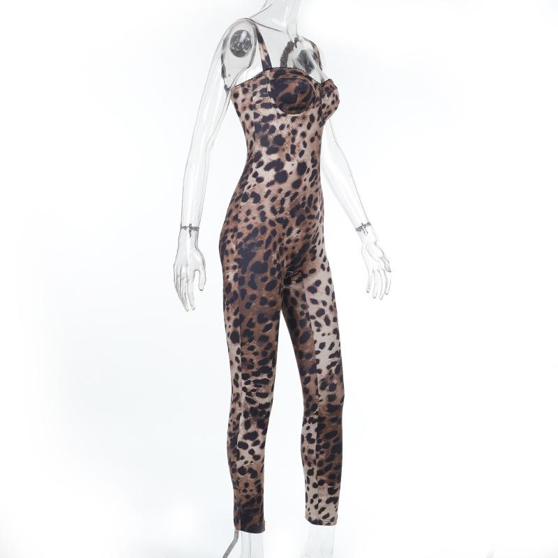 Leopard print v neck backless tank jumpsuit