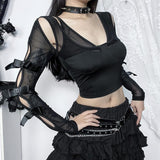 Long sleeve bowknot mesh v neck hollow out top