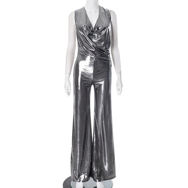 Metallic ruched halter self tie cowl neck jumpsuit
