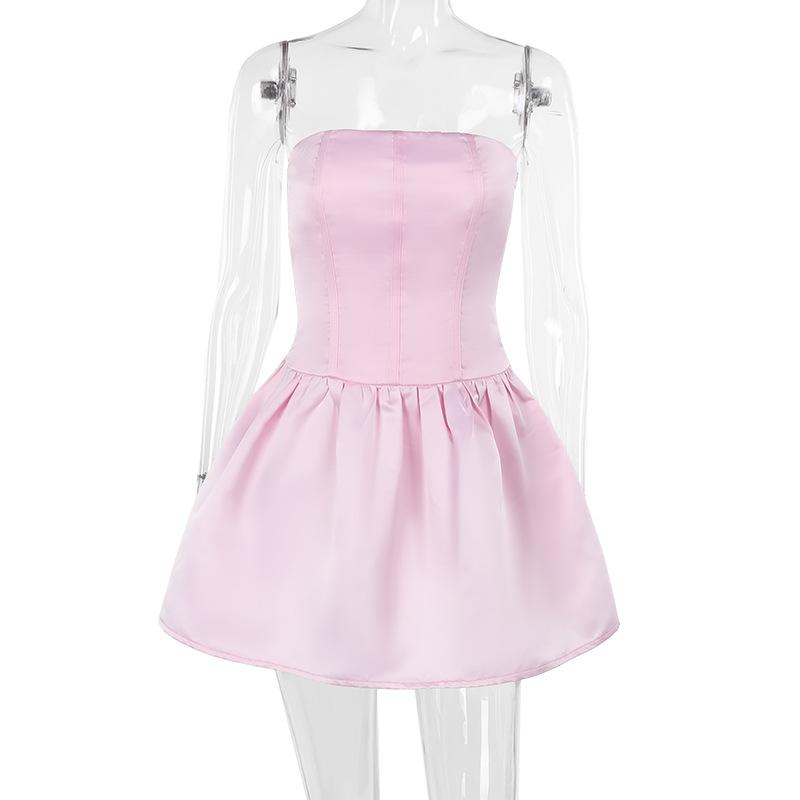 Smocked ruched satin solid tube mini dress