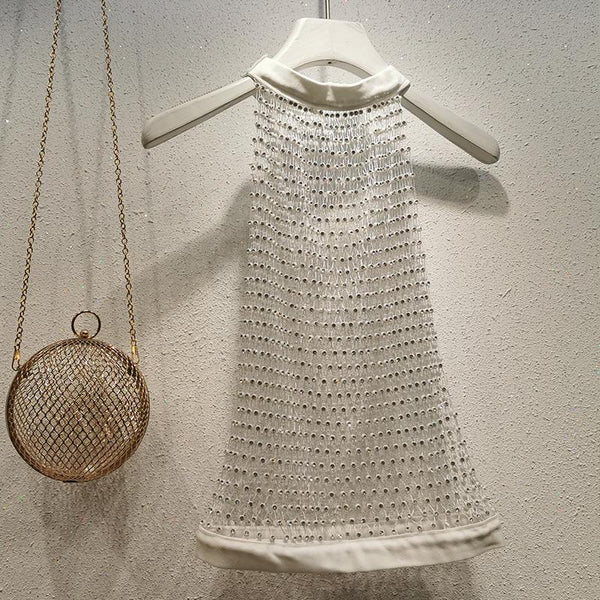 Crewneck hollow out see through beaded button top