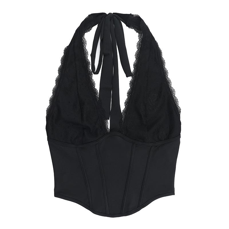 Top tipo corsé con escote en V profundo y dobladillo de encaje con lazo tipo halter 