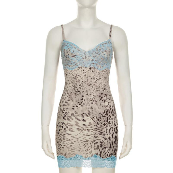 Leopard print v neck lace hem cami mini dress