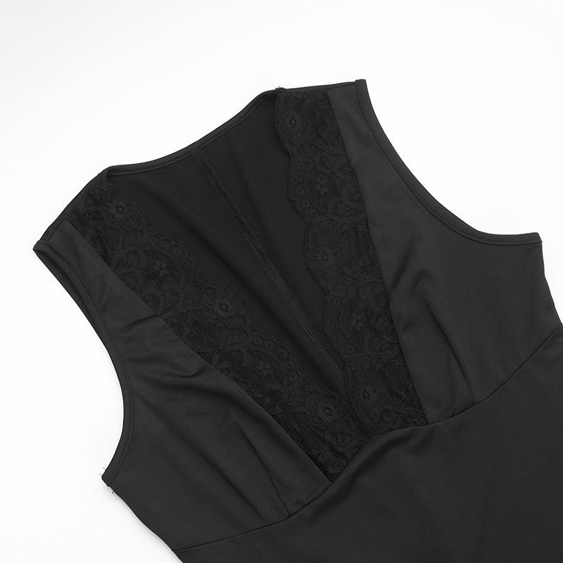 Lace hem deep V neck sleeveless solid jumpsuit