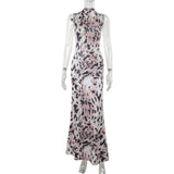 Leopard print high neck backless maxi dress