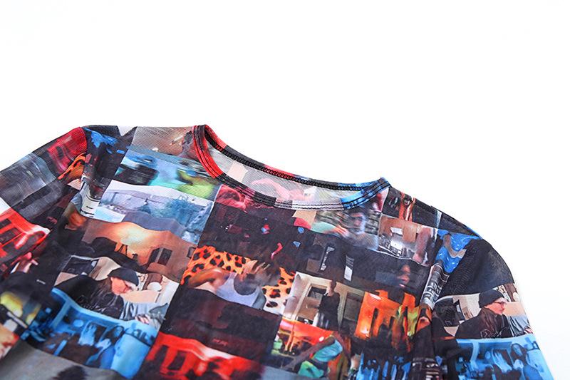Conjunto de minifalda con cuello redondo, manga larga y puntada estampada 