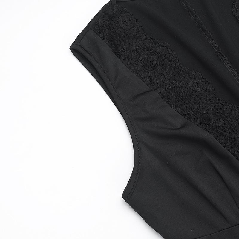 Lace hem deep V neck sleeveless solid jumpsuit