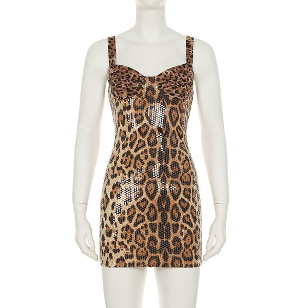 Vestido mini de tirantes con escote en V y estampado de leopardo con purpurina y espalda descubierta 