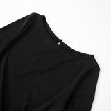 Top con volantes calados, cuello redondo y manga larga fruncida 