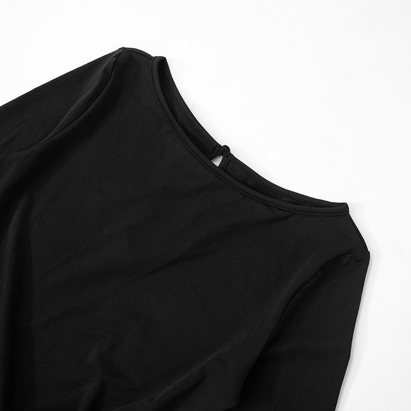 Top con volantes calados, cuello redondo y manga larga fruncida 