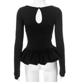 Top con volantes calados, cuello redondo y manga larga fruncida 