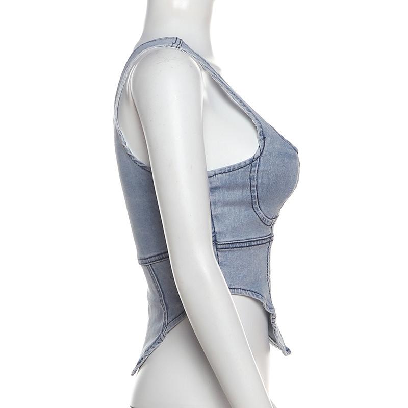 Camiseta sin mangas con cuello cuadrado y cremallera en denim 