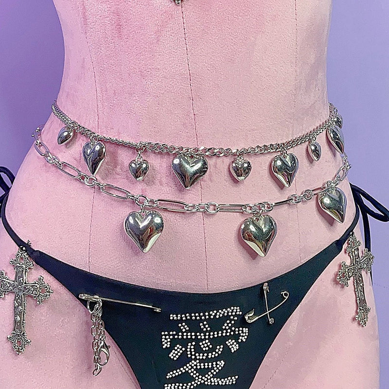 Silver heart decor metal chain waist chain