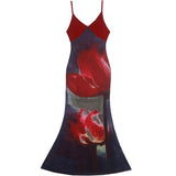 Vestido largo camisola con cuello en V, estampado floral de terciopelo y cremallera 