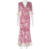 Lace hem v neck flower print velvet maxi dress