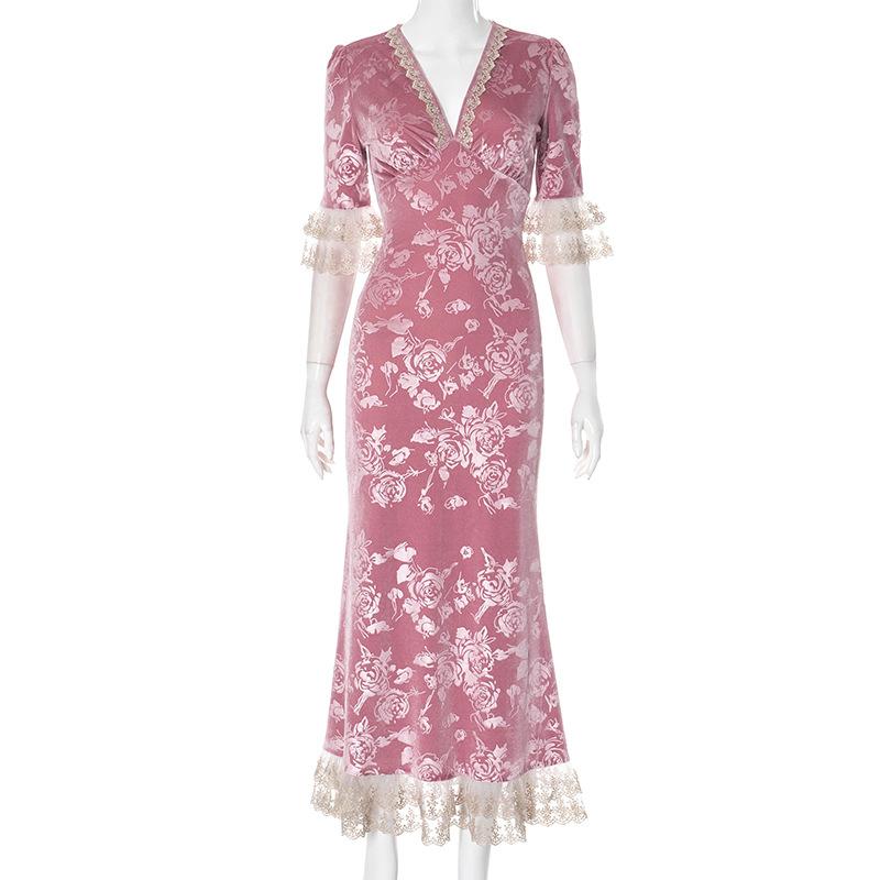 Lace hem v neck flower print velvet maxi dress