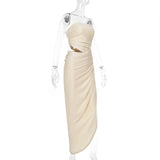 Vestido largo de tubo liso con frunces irregulares y huecos 