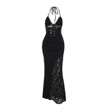 Robe longue froncée à col en V et licou en dentelle 
