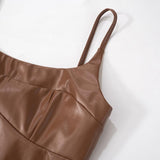 Mini-robe unie en cuir PU à col en U et fermeture éclair dans le dos 