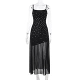 Mesh u neck beaded backless cami maxi dress
