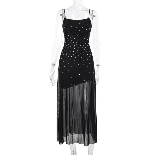 Mesh u neck beaded backless cami maxi dress
