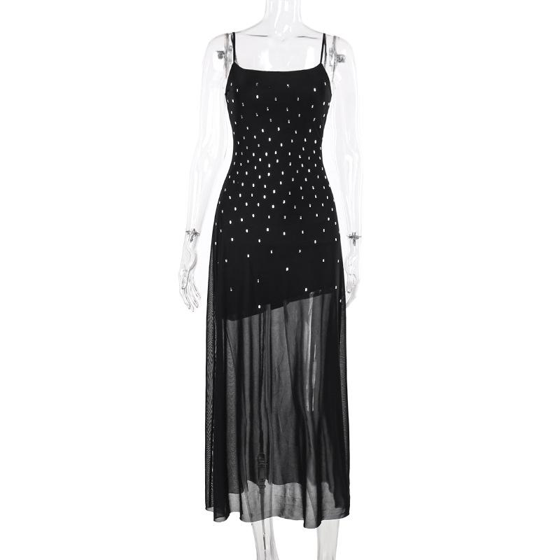 Mesh u neck beaded backless cami maxi dress