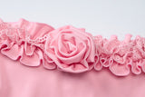 Off shoulder flower applique ruffle ruched mini dress