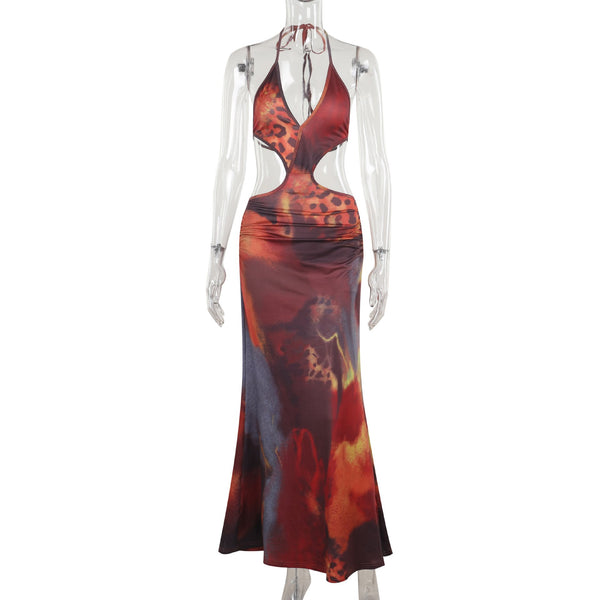 Robe longue à imprimé léopard avec col en V profond et licou 