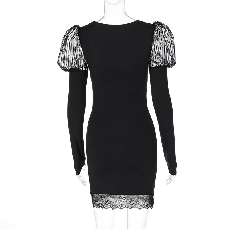 Vestido mini liso con escote en U y manga larga con dobladillo de encaje 
