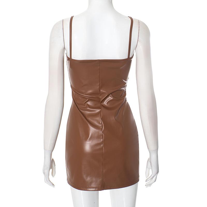 Mini-robe unie en cuir PU à col en U et fermeture éclair dans le dos 