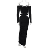 Robe longue ajourée à manches longues et épaules dénudées 