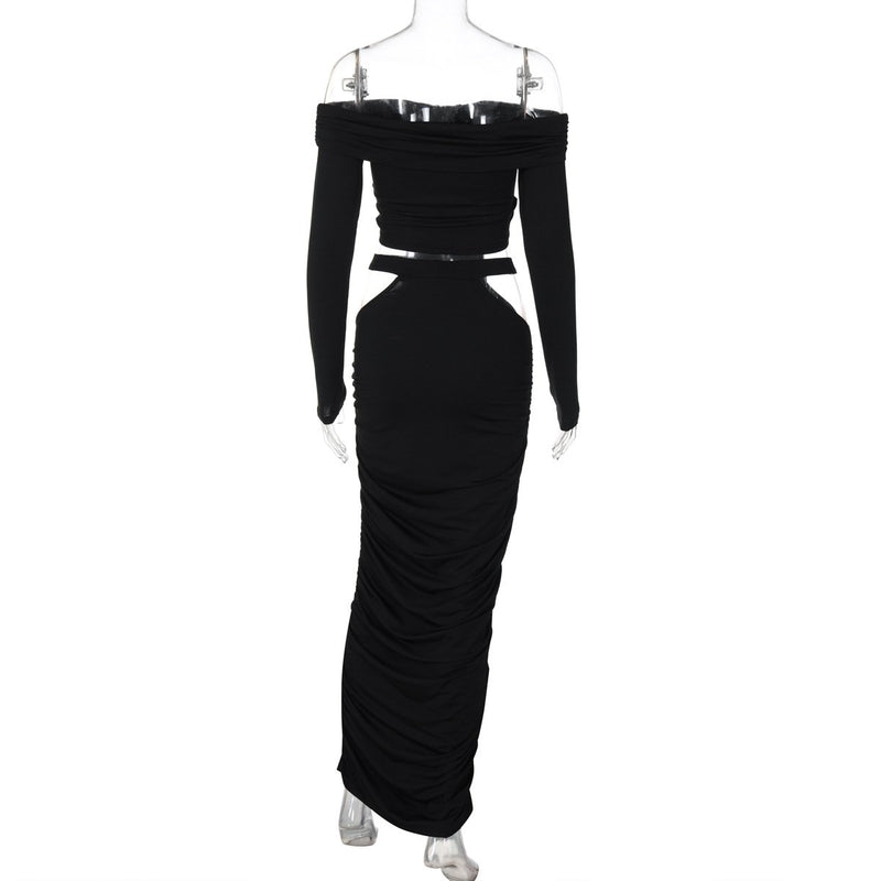 Robe longue ajourée à manches longues et épaules dénudées 