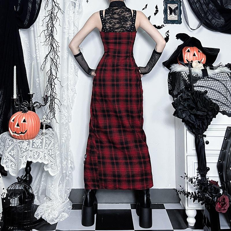 Robe midi fendue en dentelle à imprimé écossais ajouré 