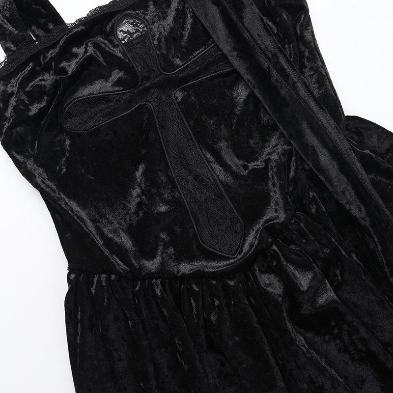 Vestido largo de terciopelo con escote cuadrado cruzado y dobladillo de encaje 