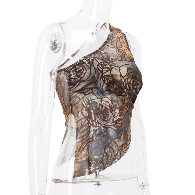 Top fruncido con estampado floral irregular de un solo hombro 