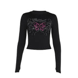 Top de cuello redondo con estampado de mariposas y cuentas de manga larga 